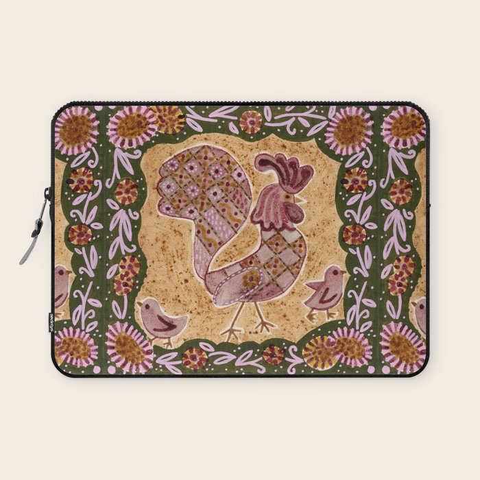 Rooster Painting in Forest Green - Folk Art Style Laptop Sleeve Gallery Image 1