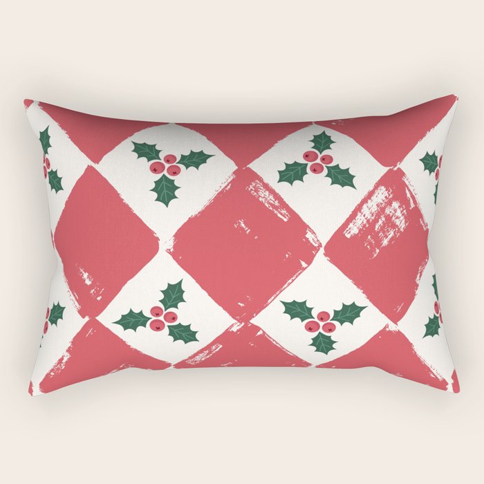 Checkered Christmas Holly Rectangular Pillow Gallery Image 1