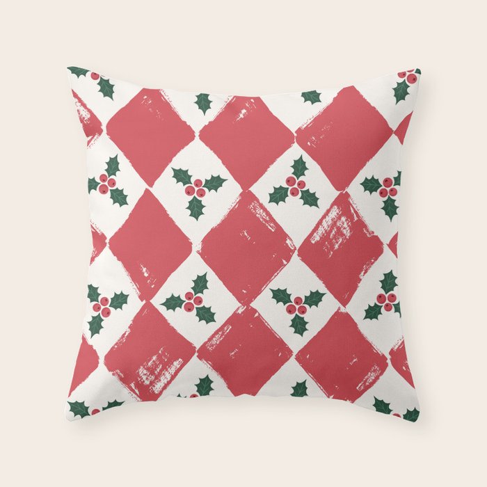 Checkered Christmas Holly Throw Pillow Gallery Image 6
