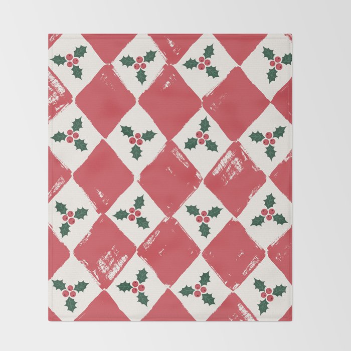 Checkered Christmas Holly Throw Blanket Gallery Image 2