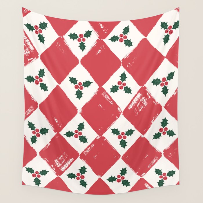 Checkered Christmas Holly Wall Tapestry Gallery Image 1