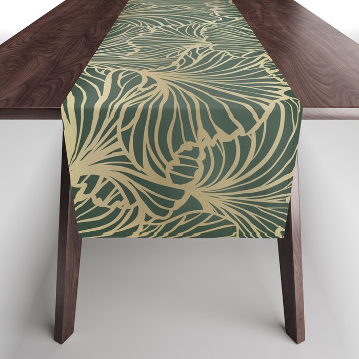 Decorative Nature Pattern, Floral Prints, Green and Gold Table Runner Gallery Image 1