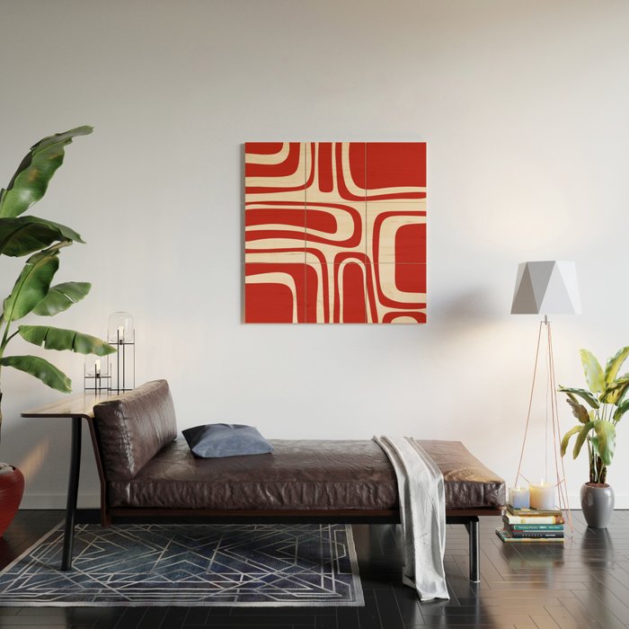 Palm Springs Retro Mid-Century Modern Abstract Minimalist Pattern Red and Almond Cream Wood Wall Art Gallery Image 2