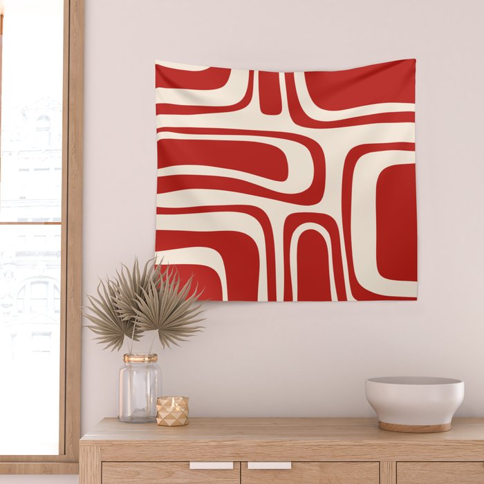 Palm Springs Retro Mid-Century Modern Abstract Minimalist Pattern Red and Almond Cream Wall Tapestry Gallery Image 2
