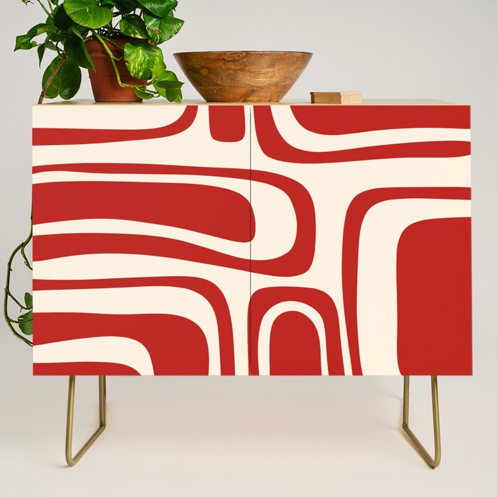 Palm Springs Retro Mid-Century Modern Abstract Minimalist Pattern Red and Almond Cream Credenza Gallery Image 1