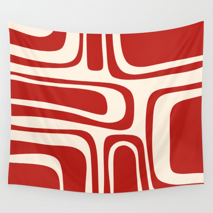 Palm Springs Retro Mid-Century Modern Abstract Minimalist Pattern Red and Almond Cream Wall Tapestry Gallery Image 1