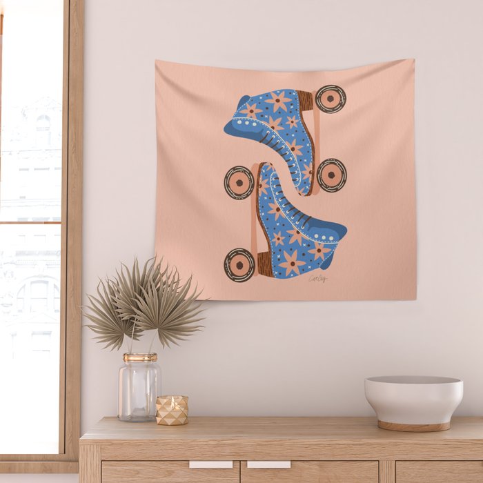 Retro Roller Skates - Blue & Peach Palette Wall Tapestry Gallery Image 2