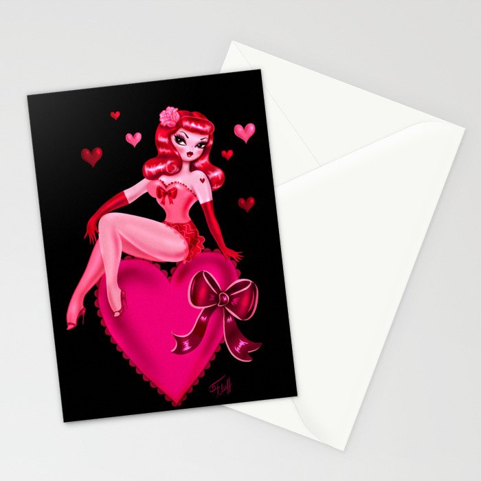 Retro Valentine Redhead Pinup Doll on a Big Heart Stationery Card Gallery Image 2