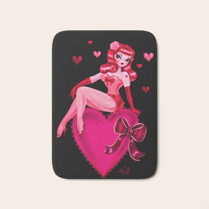 Retro Valentine Redhead Pinup Doll on a Big Heart Bath Mat Gallery Image 1
