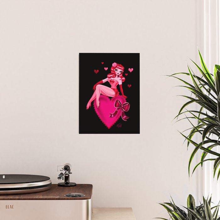 Retro Valentine Redhead Pinup Doll on a Big Heart Poster Gallery Image 2