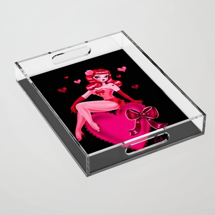 Retro Valentine Redhead Pinup Doll on a Big Heart Acrylic Tray Gallery Image 1