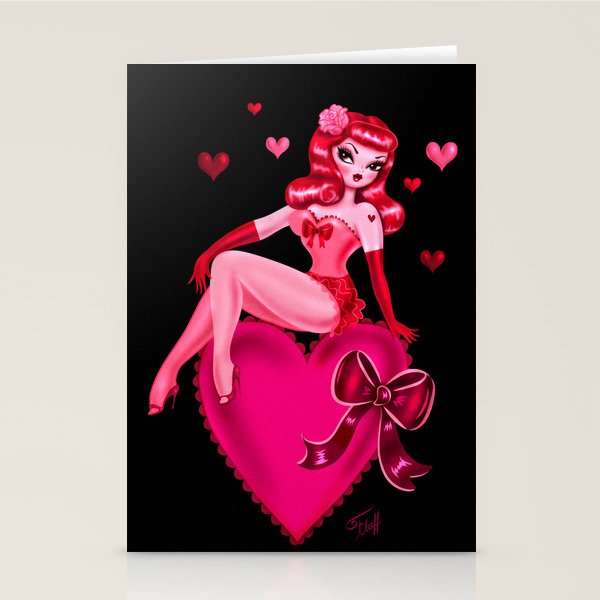 Retro Valentine Redhead Pinup Doll on a Big Heart Stationery Card Gallery Image 2