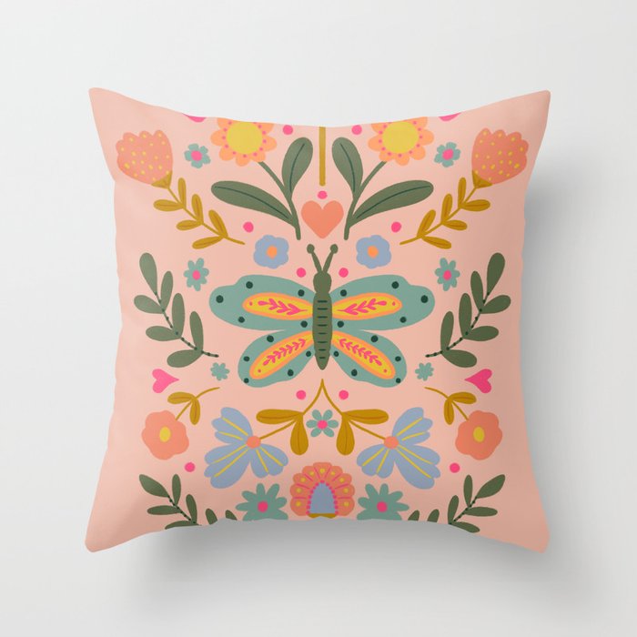 Folksy Floral Butterfly  Throw Pillow Gallery Image 1