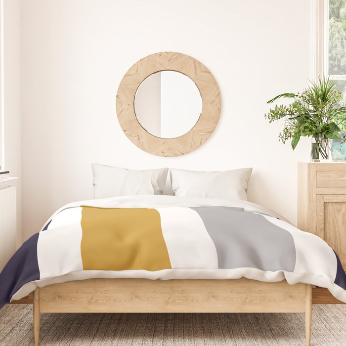 Quattro Stripe Minimalist Broad Stripe Color Block Pattern in Mustard Yellow, Navy Blue, Gray, White Duvet Cover Gallery Image 3
