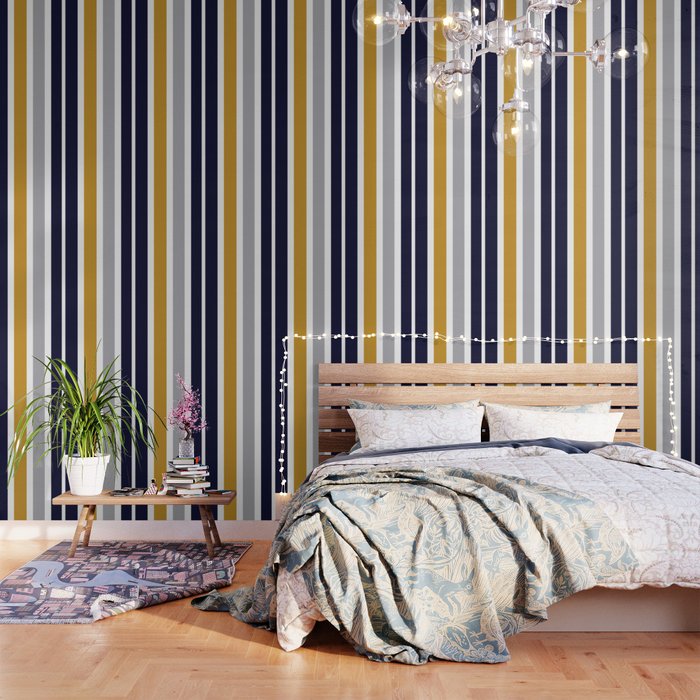 Quattro Stripe Minimalist Broad Stripe Color Block Pattern in Mustard Yellow, Navy Blue, Gray, White Wallpaper Gallery Image 3