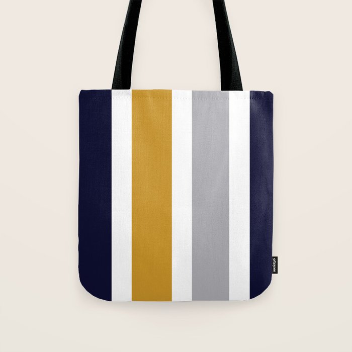 Quattro Stripe Minimalist Broad Stripe Color Block Pattern in Mustard Yellow, Navy Blue, Gray, White Tote Bag Gallery Image 1