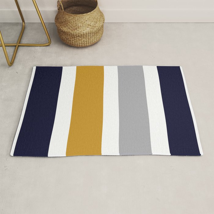 Quattro Stripe Minimalist Broad Stripe Color Block Pattern in Mustard Yellow, Navy Blue, Gray, White Rug Gallery Image 1
