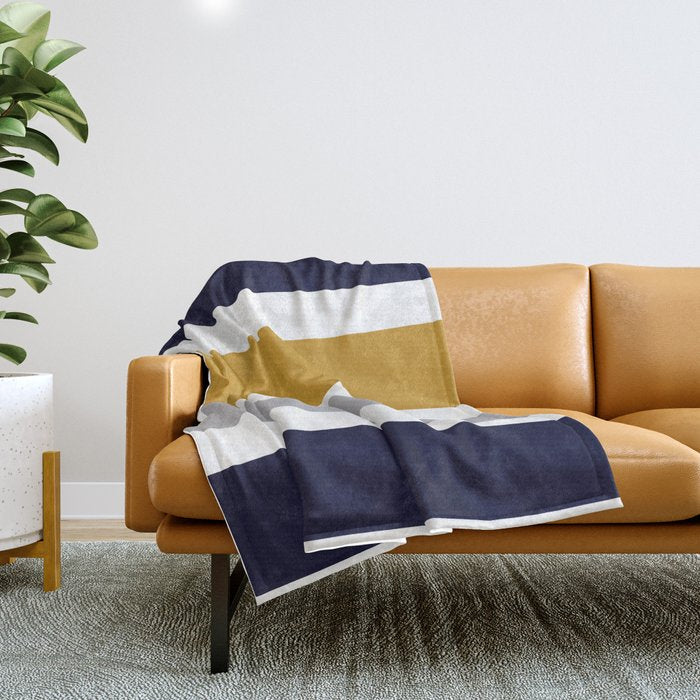 Quattro Stripe Minimalist Broad Stripe Color Block Pattern in Mustard Yellow, Navy Blue, Gray, White Throw Blanket Gallery Image 1