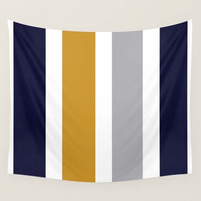 Quattro Stripe Minimalist Broad Stripe Color Block Pattern in Mustard Yellow, Navy Blue, Gray, White Wall Tapestry Gallery Image 1