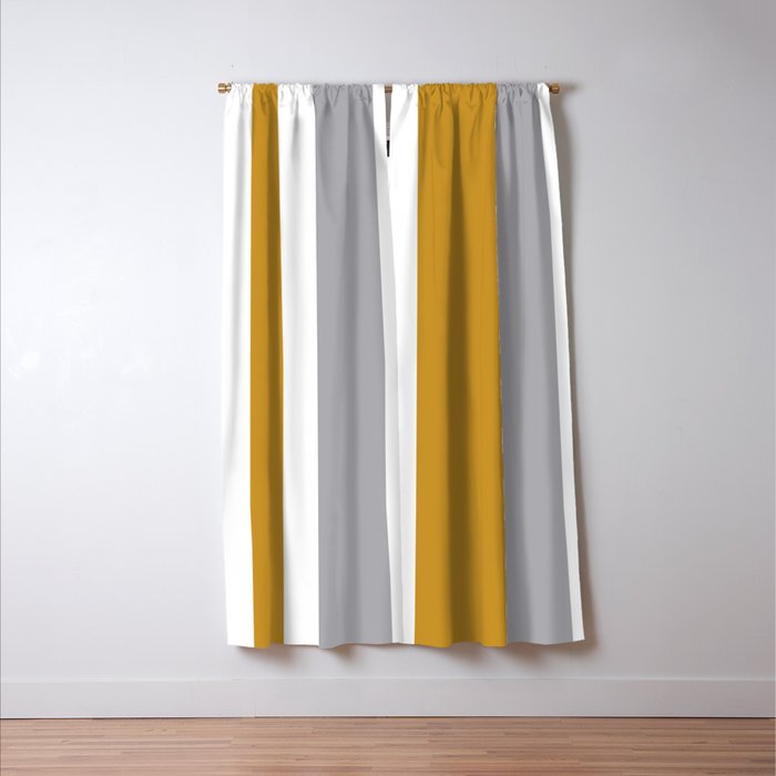 Quattro Stripe Minimalist Broad Stripe Color Block Pattern in Mustard Yellow, Navy Blue, Gray, White Window Curtain Gallery Image 3