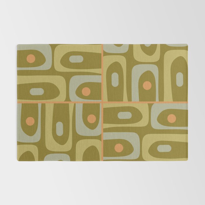 Mid Century Modern Piquet Retro Abstract Tiled Pattern in Vintage Olive Green and Cantaloupe Orange Rug Gallery Image 2