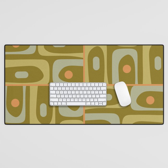 Mid Century Modern Piquet Retro Abstract Tiled Pattern in Vintage Olive Green and Cantaloupe Orange Desk Mat Gallery Image 1