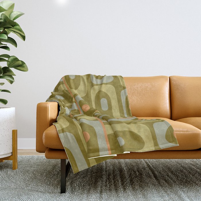 Mid Century Modern Piquet Retro Abstract Tiled Pattern in Vintage Olive Green and Cantaloupe Orange Throw Blanket Gallery Image 1