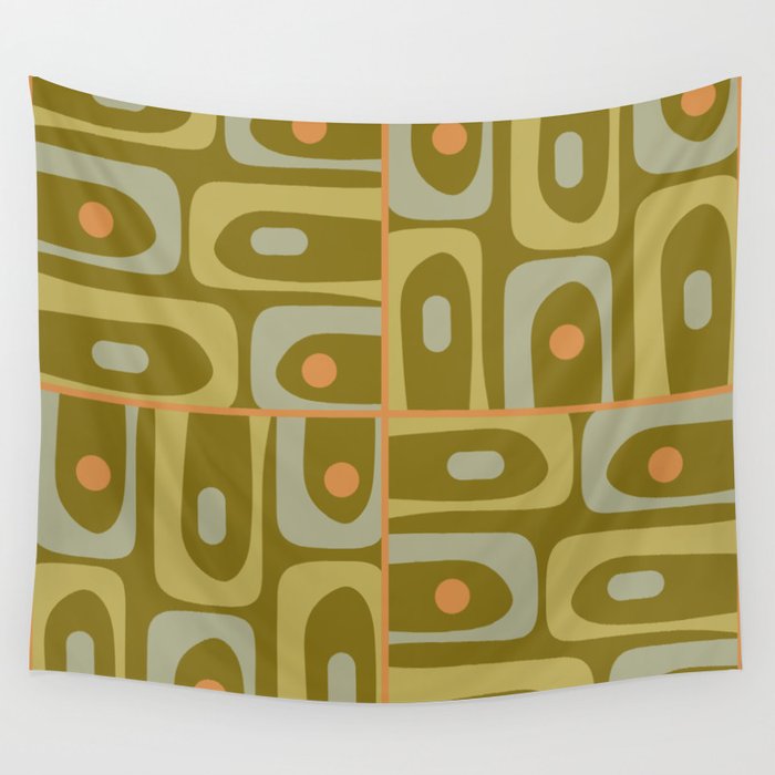 Mid Century Modern Piquet Retro Abstract Tiled Pattern in Vintage Olive Green and Cantaloupe Orange Wall Tapestry Gallery Image 1