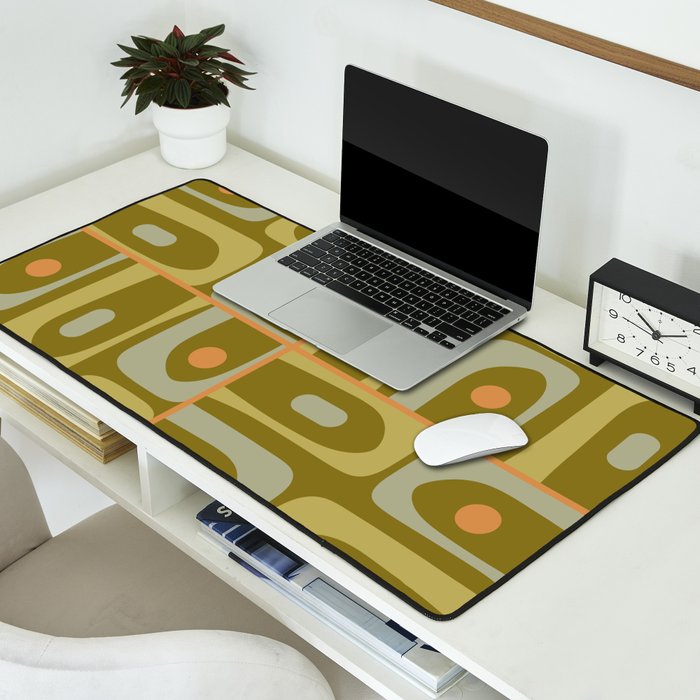 Mid Century Modern Piquet Retro Abstract Tiled Pattern in Vintage Olive Green and Cantaloupe Orange Desk Mat Gallery Image 2