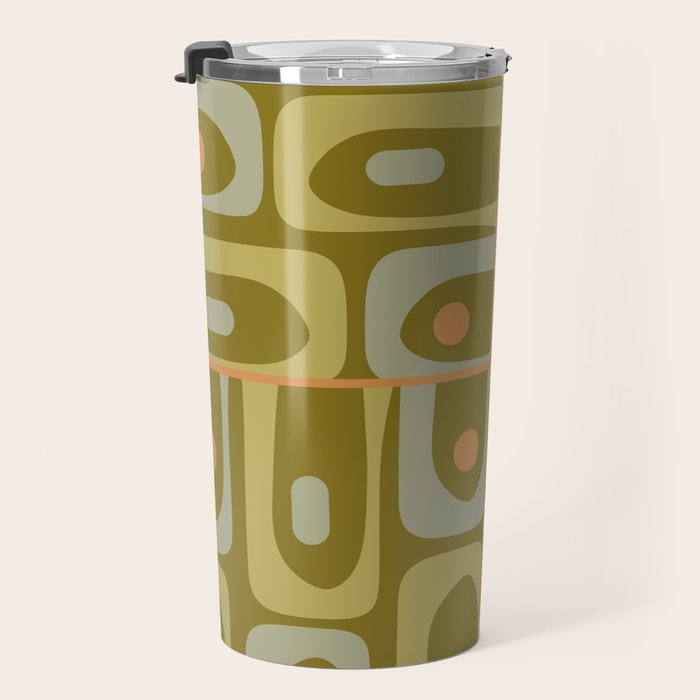 Mid Century Modern Piquet Retro Abstract Tiled Pattern in Vintage Olive Green and Cantaloupe Orange Travel Mug Gallery Image 3