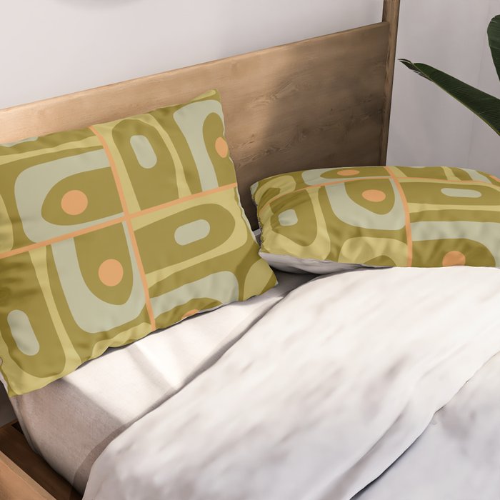 Mid Century Modern Piquet Retro Abstract Tiled Pattern in Vintage Olive Green and Cantaloupe Orange Pillow Sham Gallery Image 2