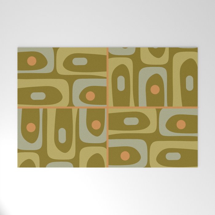 Mid Century Modern Piquet Retro Abstract Tiled Pattern in Vintage Olive Green and Cantaloupe Orange Welcome Mat Gallery Image 1