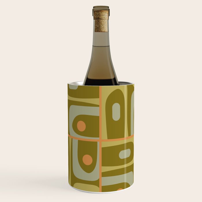 Mid Century Modern Piquet Retro Abstract Tiled Pattern in Vintage Olive Green and Cantaloupe Orange Wine Chiller Gallery Image 1