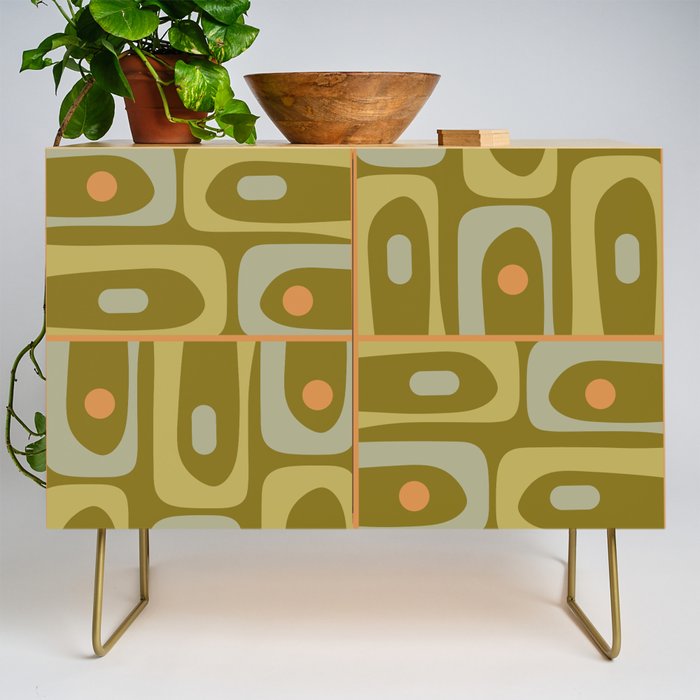 Mid Century Modern Piquet Retro Abstract Tiled Pattern in Vintage Olive Green and Cantaloupe Orange Credenza Gallery Image 1