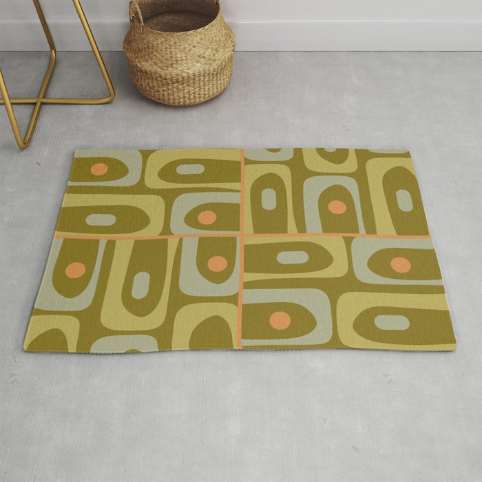 Mid Century Modern Piquet Retro Abstract Tiled Pattern in Vintage Olive Green and Cantaloupe Orange Rug Gallery Image 1