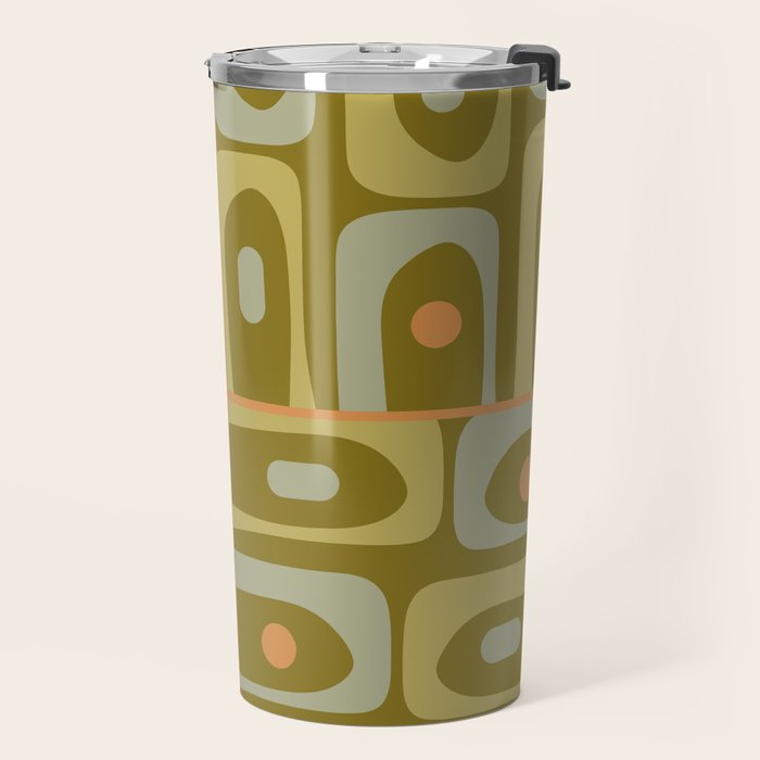 Mid Century Modern Piquet Retro Abstract Tiled Pattern in Vintage Olive Green and Cantaloupe Orange Travel Mug Gallery Image 2