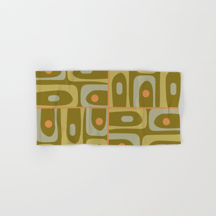 Mid Century Modern Piquet Retro Abstract Tiled Pattern in Vintage Olive Green and Cantaloupe Orange Bath Towel Gallery Image 1