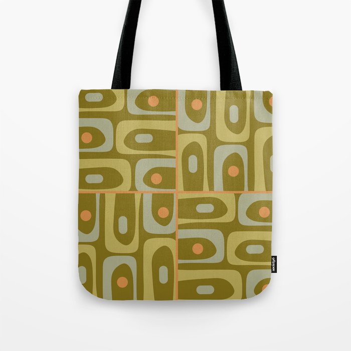 Mid Century Modern Piquet Retro Abstract Tiled Pattern in Vintage Olive Green and Cantaloupe Orange Tote Bag Gallery Image 1