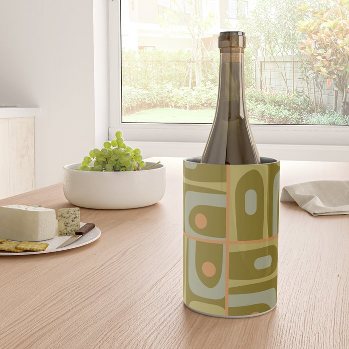 Mid Century Modern Piquet Retro Abstract Tiled Pattern in Vintage Olive Green and Cantaloupe Orange Wine Chiller Gallery Image 4