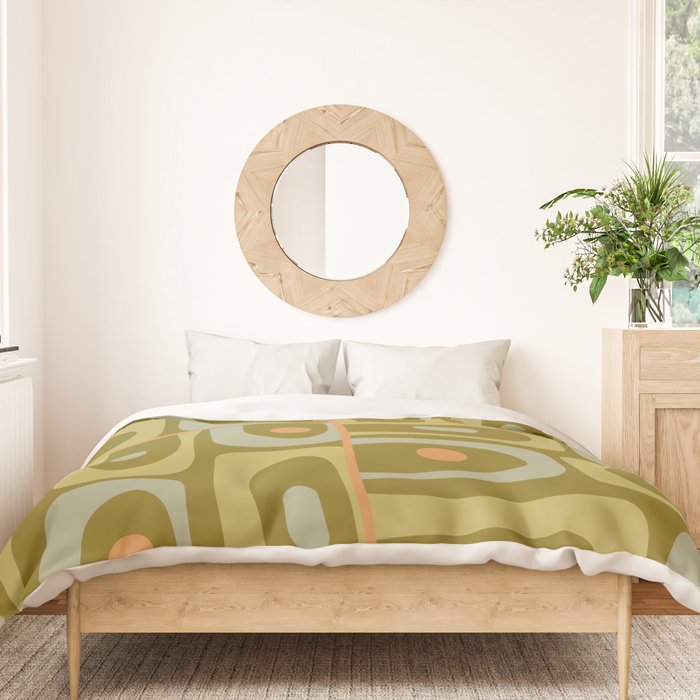 Mid Century Modern Piquet Retro Abstract Tiled Pattern in Vintage Olive Green and Cantaloupe Orange Duvet Cover Gallery Image 3