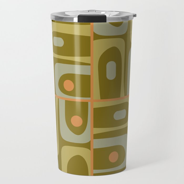 Mid Century Modern Piquet Retro Abstract Tiled Pattern in Vintage Olive Green and Cantaloupe Orange Travel Mug Gallery Image 1