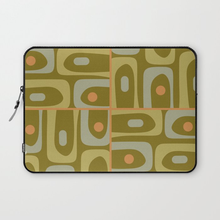 Mid Century Modern Piquet Retro Abstract Tiled Pattern in Vintage Olive Green and Cantaloupe Orange Laptop Sleeve Gallery Image 1