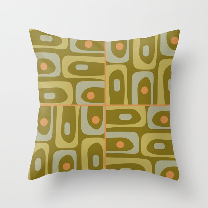Mid Century Modern Piquet Retro Abstract Tiled Pattern in Vintage Olive Green and Cantaloupe Orange Throw Pillow Gallery Image 1