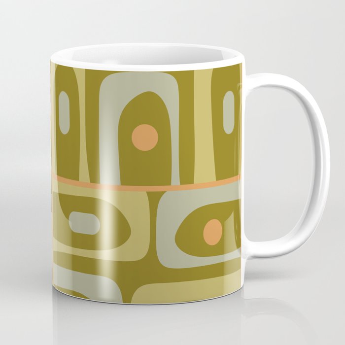 Mid Century Modern Piquet Retro Abstract Tiled Pattern in Vintage Olive Green and Cantaloupe Orange Coffee Mug Gallery Image 1