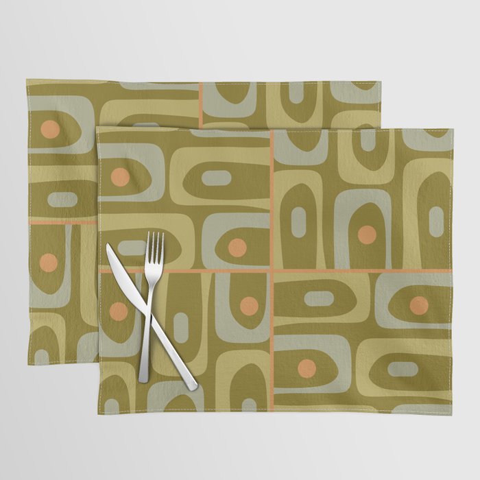 Mid Century Modern Piquet Retro Abstract Tiled Pattern in Vintage Olive Green and Cantaloupe Orange Placemat Gallery Image 1