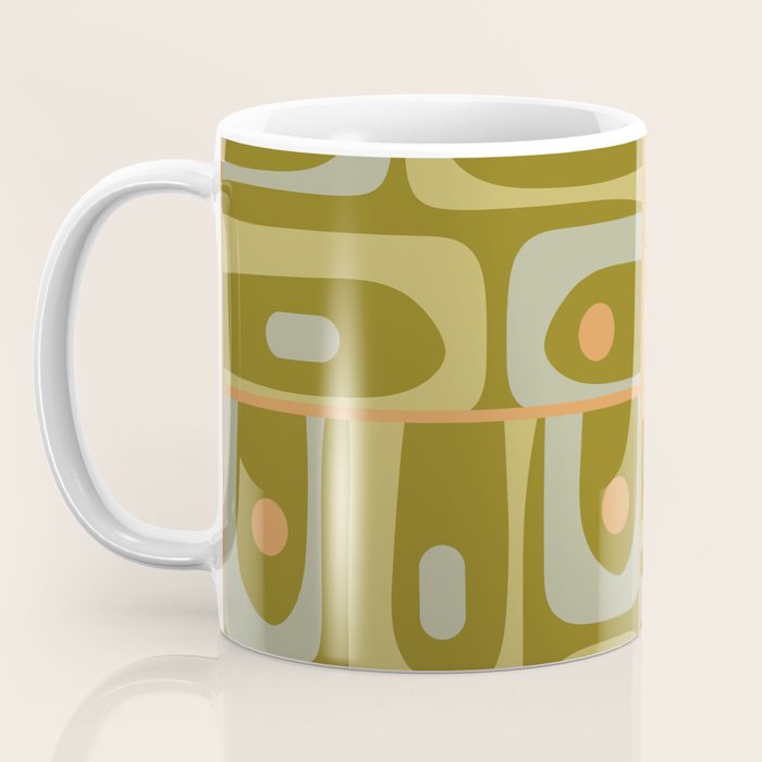Mid Century Modern Piquet Retro Abstract Tiled Pattern in Vintage Olive Green and Cantaloupe Orange Coffee Mug Gallery Image 3