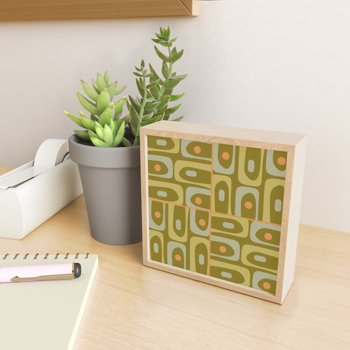 Mid Century Modern Piquet Retro Abstract Tiled Pattern in Vintage Olive Green and Cantaloupe Orange Mini Art Print Gallery Image 2