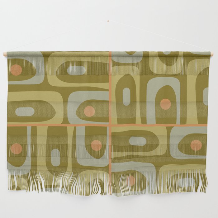 Mid Century Modern Piquet Retro Abstract Tiled Pattern in Vintage Olive Green and Cantaloupe Orange Wall Hanging Gallery Image 1
