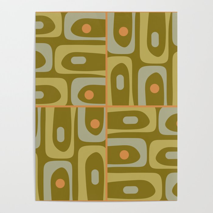Mid Century Modern Piquet Retro Abstract Tiled Pattern in Vintage Olive Green and Cantaloupe Orange Poster Gallery Image 4
