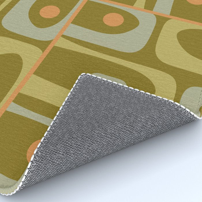 Mid Century Modern Piquet Retro Abstract Tiled Pattern in Vintage Olive Green and Cantaloupe Orange Rug Gallery Image 4